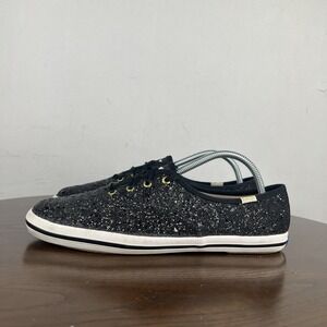 Keds Kate Spade Shoes Women's 7.5 Black Glitter Lace up Flat Sneaker Low WF52882